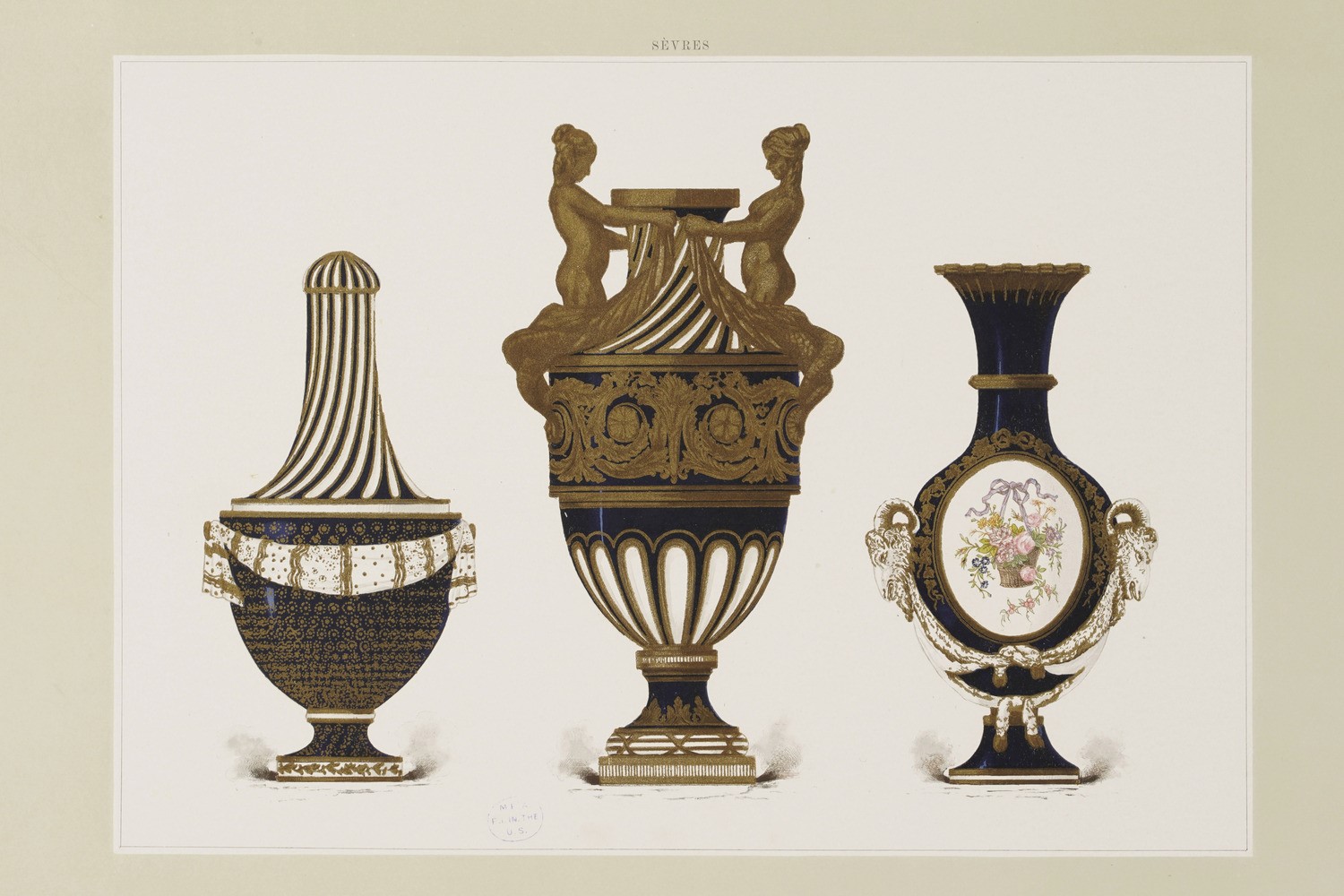 Serie di Sei Stampe Colorate Raffiguranti Porcellane di Sevres