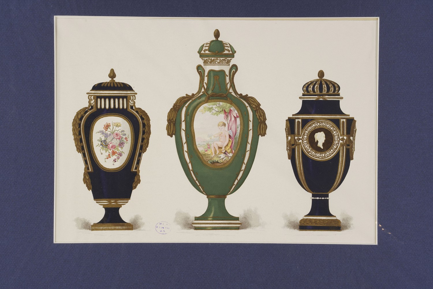 Serie di Sei Stampe Colorate Raffiguranti Porcellane di Sevres
