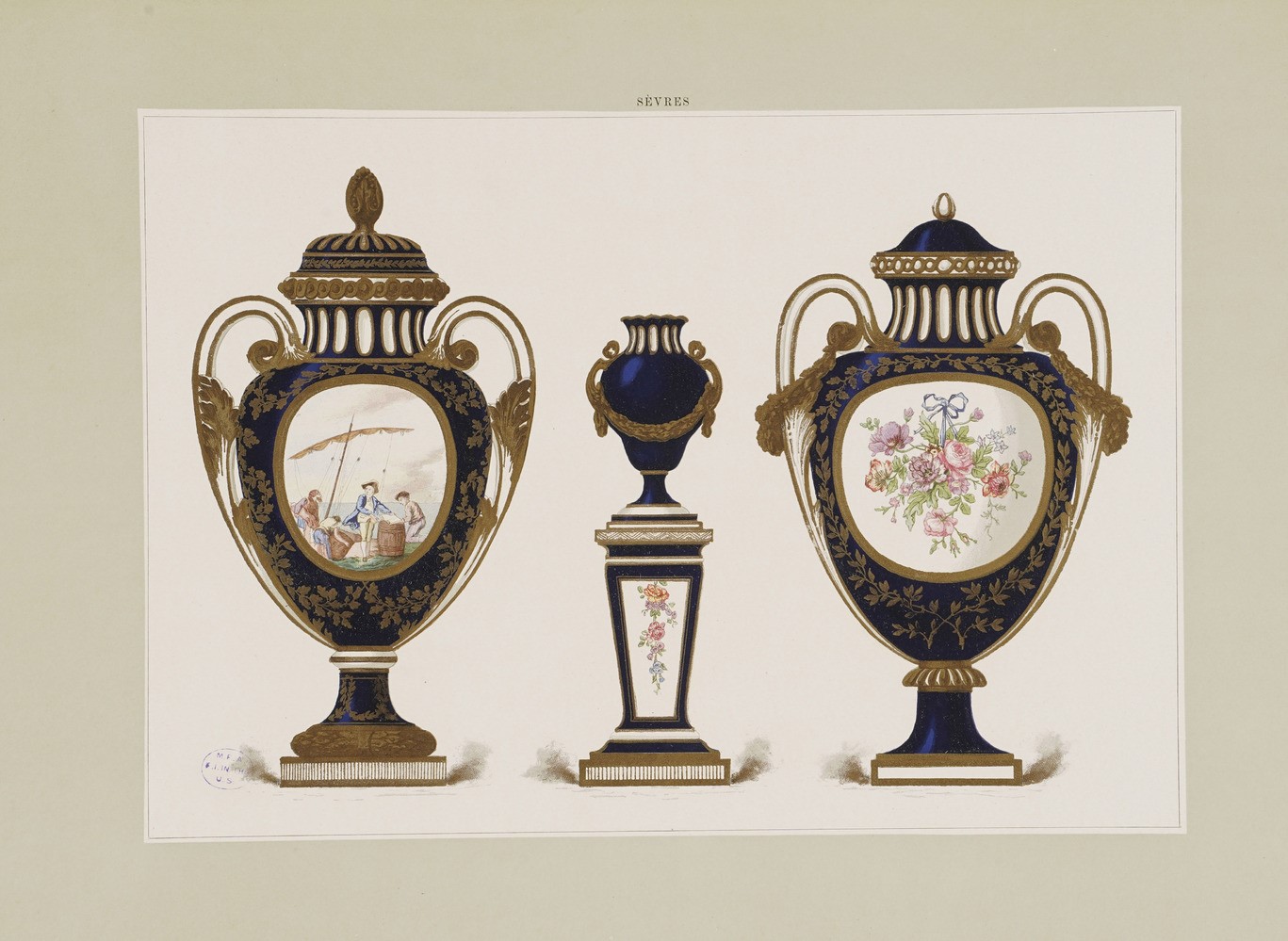 Serie di Sei Stampe Colorate Raffiguranti Porcellane di Sevres