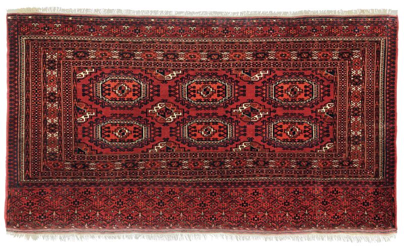 Sacca Salor. Turkestan occidentale inizio XX secolo campo rosso con gul  - Auction Antique carpets - Cambi Casa d'Aste