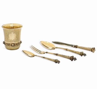 Set di Quattro Posate e Bicchiere da Viaggio. Argenteria Tedesca, Inizi del XX Secolo per Maison ...