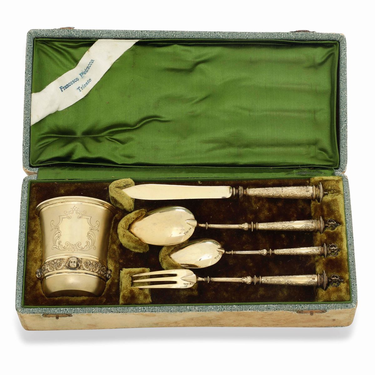 Set di Quattro Posate e Bicchiere da Viaggio. Argenteria Tedesca, Inizi del XX Secolo per Maison ...