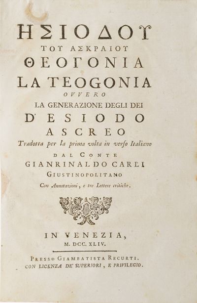 Esiodo Ascreo la Teogonia Ovvero la Generazione degli Dei... Tradotta per la Prima Volta in Verso...
