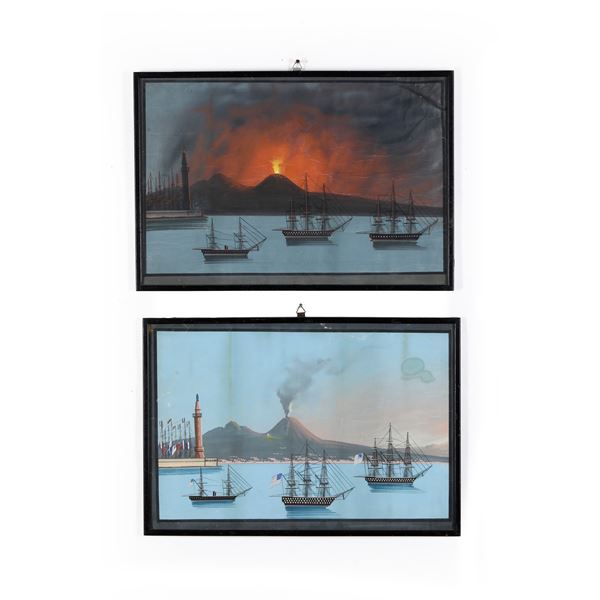 Tre gouaches con vedute del Golfo di Napoli. XIX-XX secolo