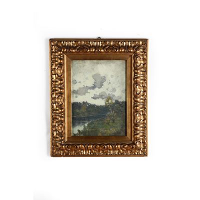 Pittore del XIX-XX Secolo Paesaggio Lacustre con Nuvole
