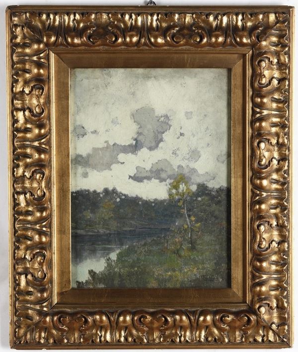 Pittore del XIX-XX secolo Paesaggio lacustre con nuvole