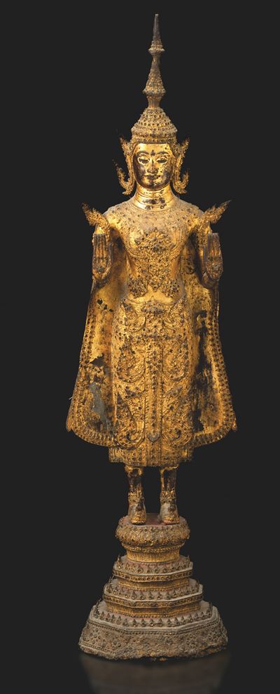 Figura di Buddha Stante in Bronzo, Thailandia, XIX Secolo