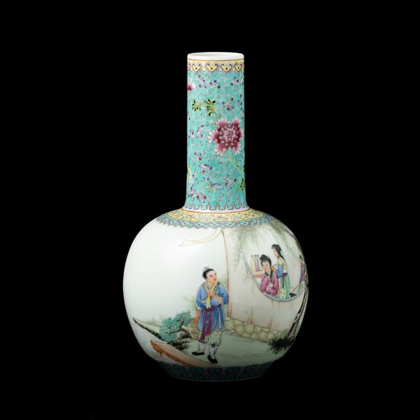 Vaso in porcellana Famiglia Rosa con motivi floreali e giovani donne con scena di vita comune, Cina, XX secolo