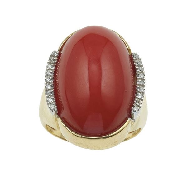 Coral, diamond and gold ring