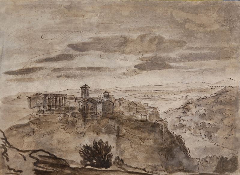 Scuola romana del XVIII secolo Veduta di poggio con paesino  - inchiostro e acquerello su carta - Asta Dipinti Antichi - Cambi Casa d'Aste