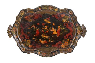 Vassoio Biansato in Legno Dipinto con Scena Orientalista. Venezia, XIX Secolo