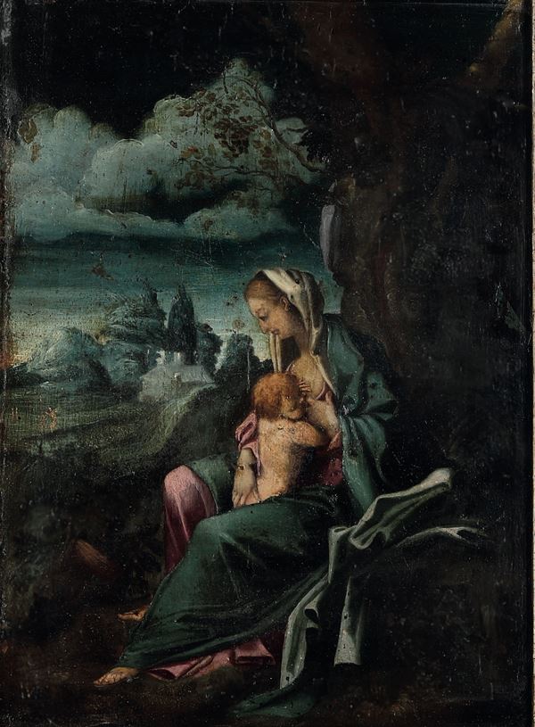 Scuola del XVII secolo Madonna con Bambino in paesaggio
