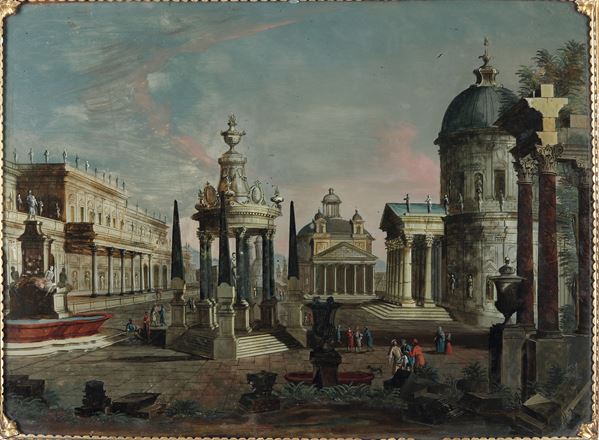 Scuola del XVIII secolo Capriccio con veduta di piazza e architetture