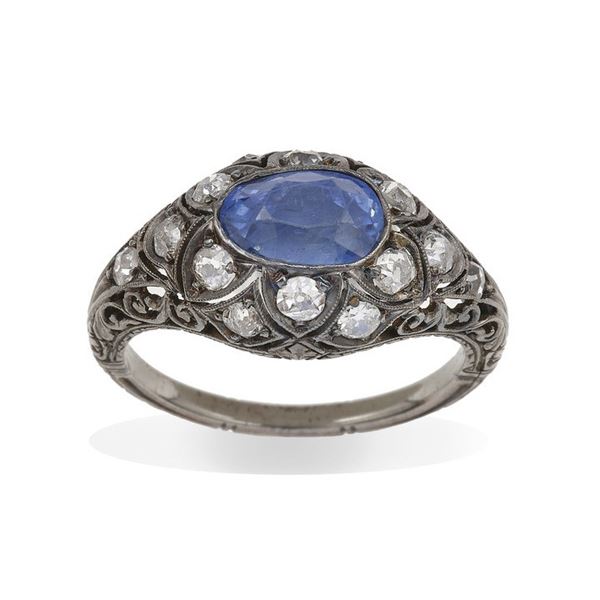 Sapphire and old-cut diamond ring