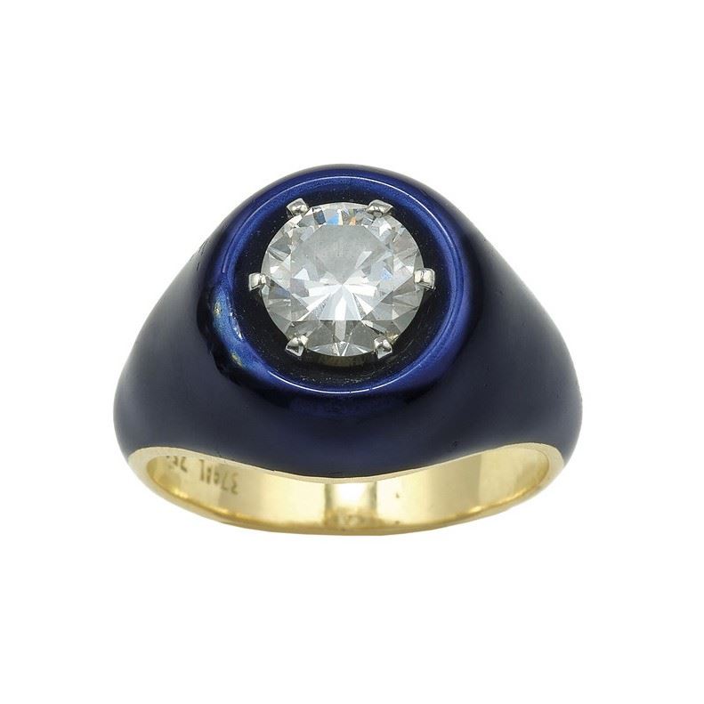 Anello con diamante taglio brillante di ct 0,90 circa e smalto  - Asta Vintage Jewellery - Cambi Casa d'Aste