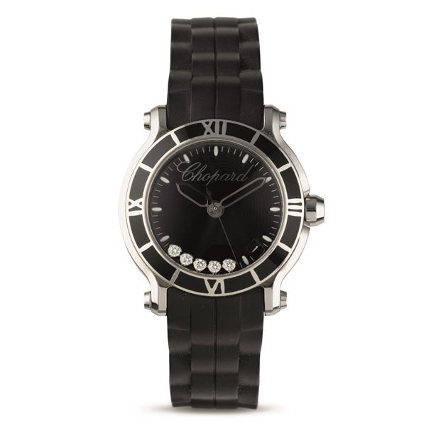 Happy Sport ref. 8475 in acciaio, ghiera con numeri Romani, quadrante nero con brillanti, movimento al quarzo, 36 mm<BR>