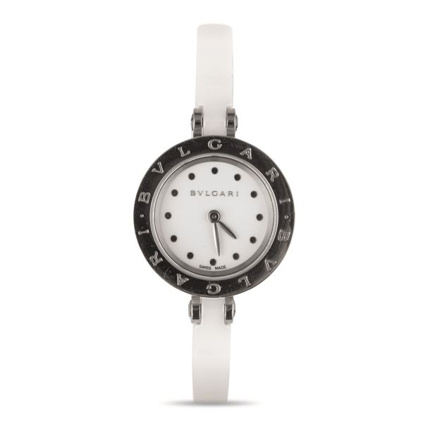 B Zero 1 steel and white ceramic with rigid bracelet, quartz winding and white dial