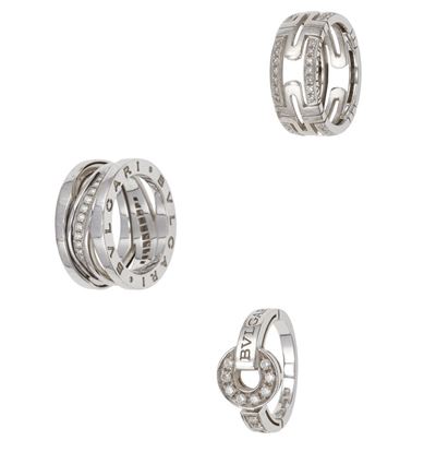 Bulgari, Lotto di tre anelli in oro bianco 750 con diamanti