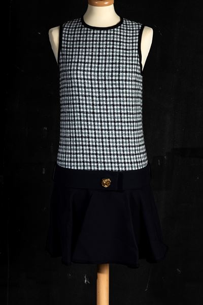Louis Vuitton Abito Nero con Disegno a Quadri Bianco e Nero in Viscosa e Lana, Codice Identificat...