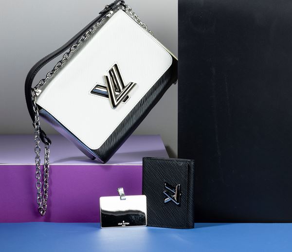 Louis Vuitton Borsa Donna Twist bicolore in pelle tote con specchietto e portafogli abbinati, laterali color argento, difetti, in ottime condizioni, dustbag