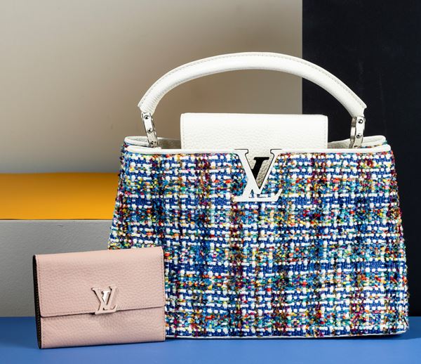 Louis Vuitton Borsa Capucines Limited Edition in pelle e intrecci colorati di lana, con tracolla e portafogli rosa, in ottime condizioni, difetti, dustbag