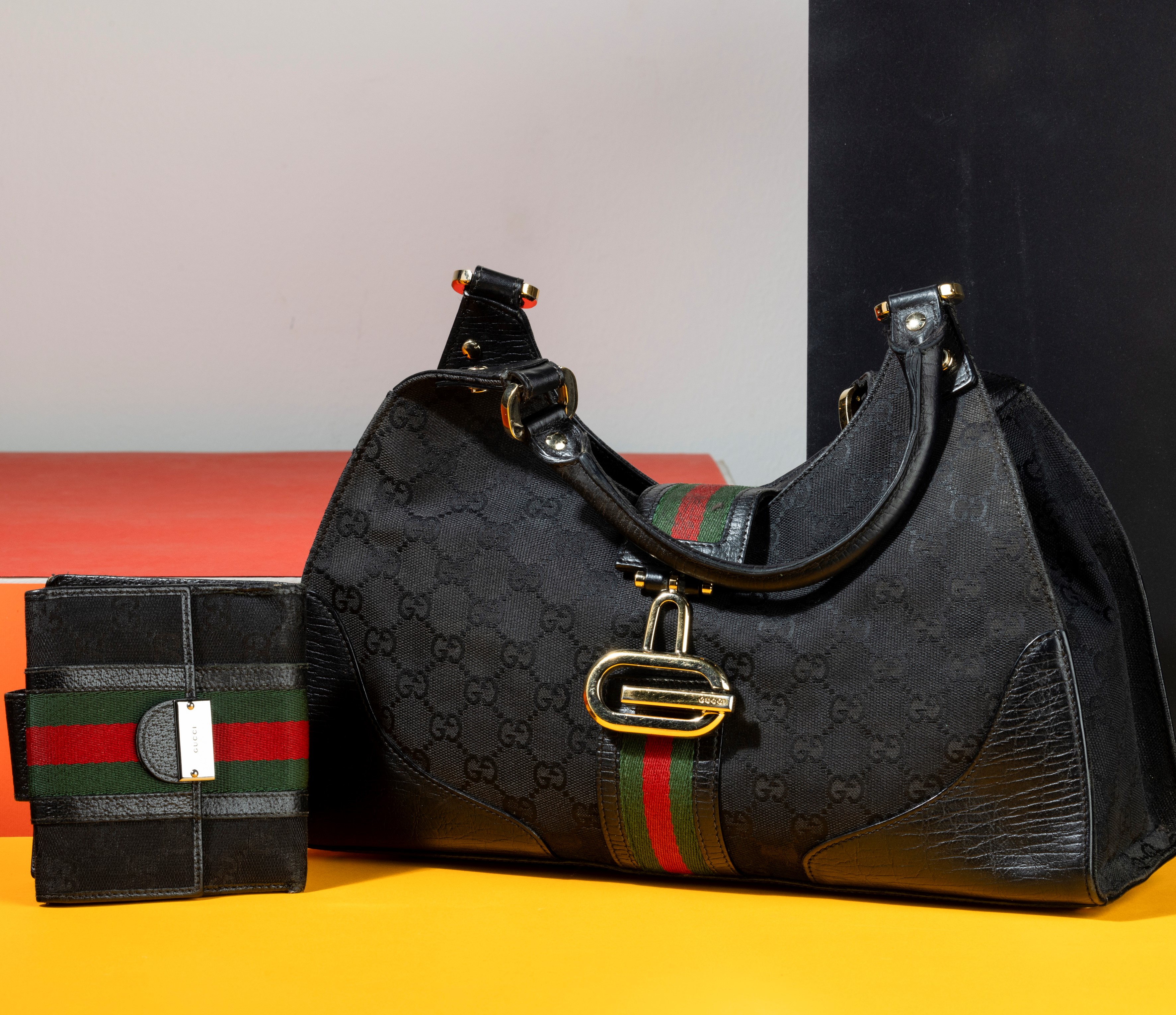 Gucci Borsa Jackie in Stoffa e Pelle Nera con Portafogli Abbinato, Difetti, in Buone Condizioni, ...