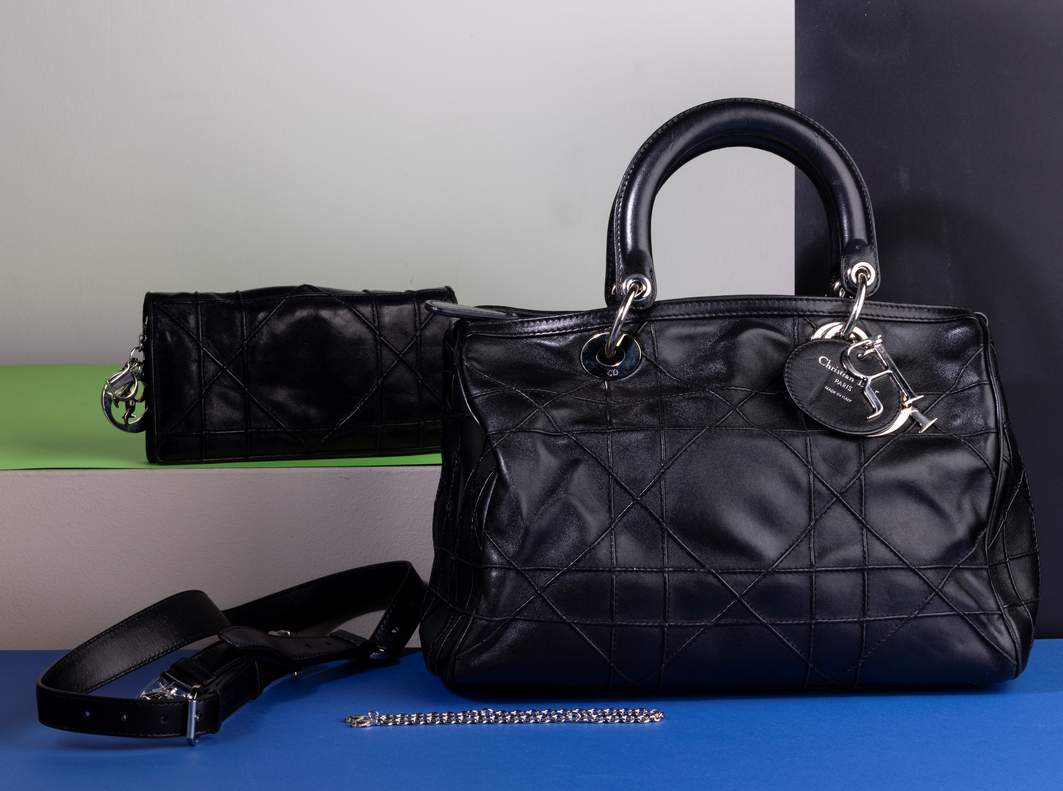 Dior Borsa Granville Polochon in Pelle Nera con Portafoglio Abbinato, in Buone Condizioni, Dustba...