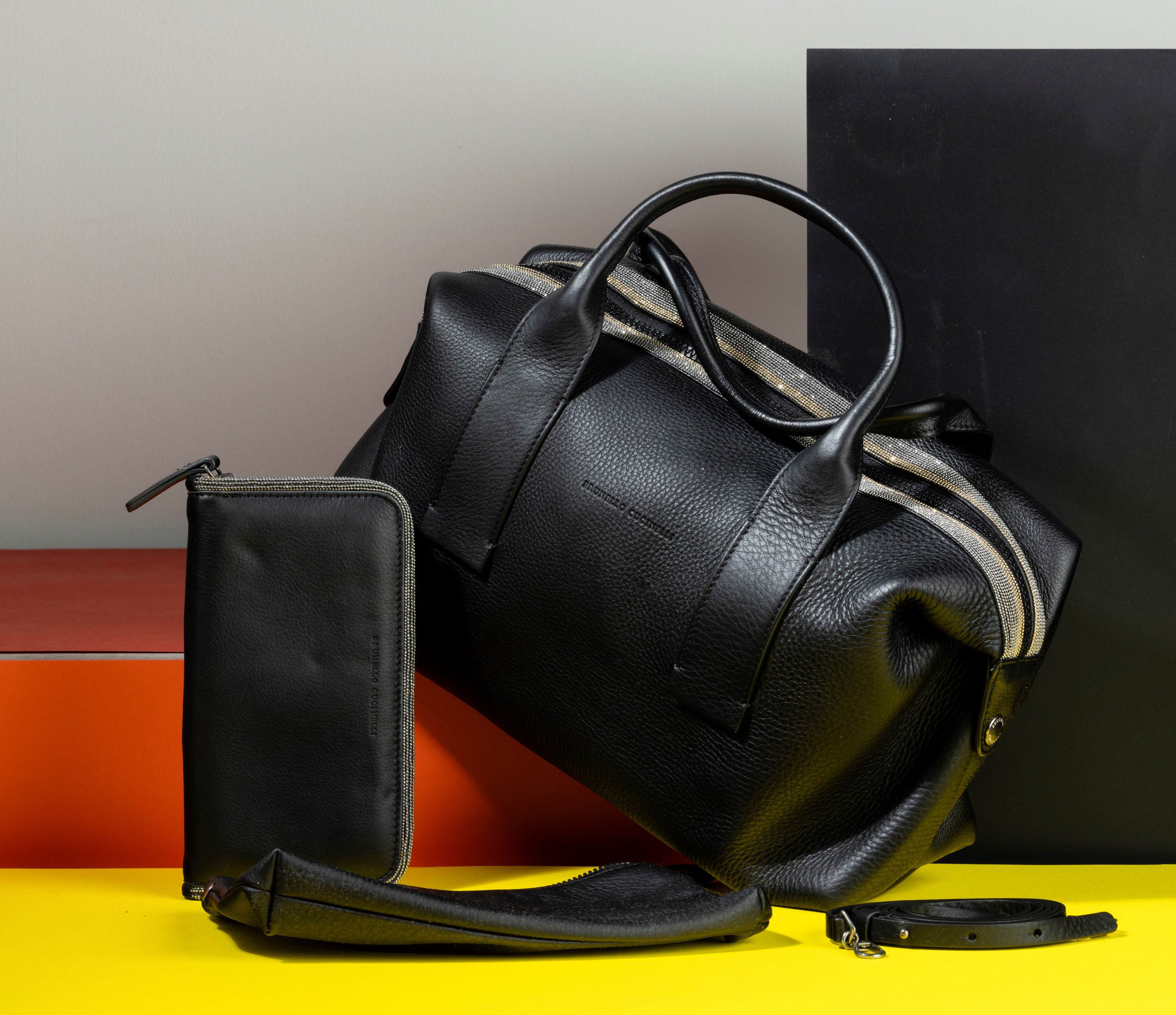Brunello Cucinelli Borsa Oversize in Pelle Martellata, con Applicazione di Fasce Brillantinate e ...