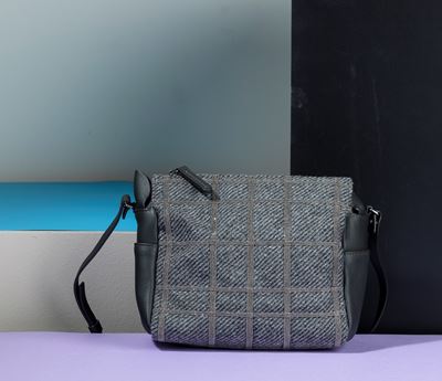 Brunello Cucinelli Borsa in Panno Grigio e Pelle Antracite, Applicazioni Fantasia a Scacchi, Dife...