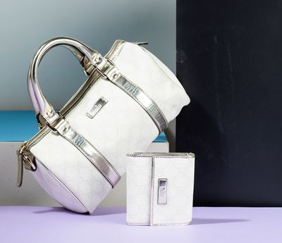 Gucci Boston Supreme Joy Bianco in Tessuto e Pelle con Portafogli Abbinato, Difetti, in Ottime Co...