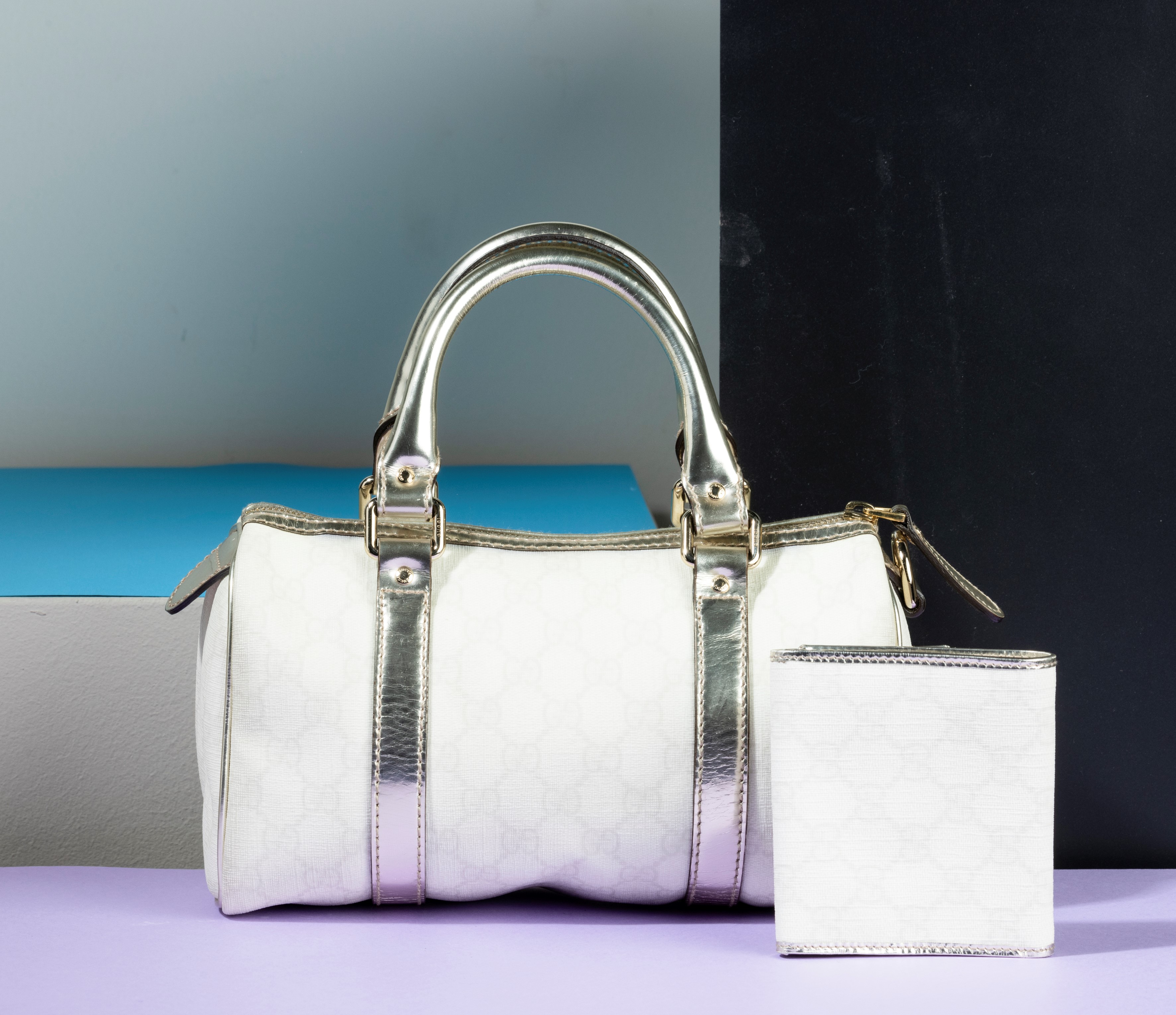 Gucci Boston Supreme Joy Bianco in Tessuto e Pelle con Portafogli Abbinato, Difetti, in Ottime Co...