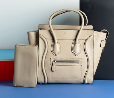 Celine Borsa in Pelle Beige/grigia con Portafogli Abbinato, Difetti, in Buone Condizioni, Dustbag