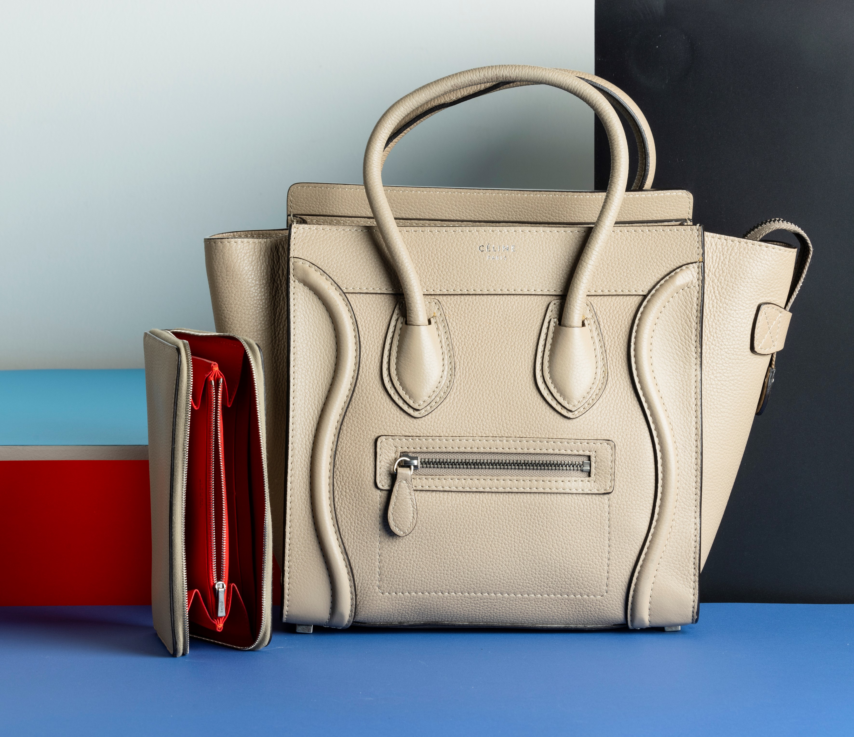Celine Borsa in Pelle Beige/grigia con Portafogli Abbinato, Difetti, in Buone Condizioni, Dustbag