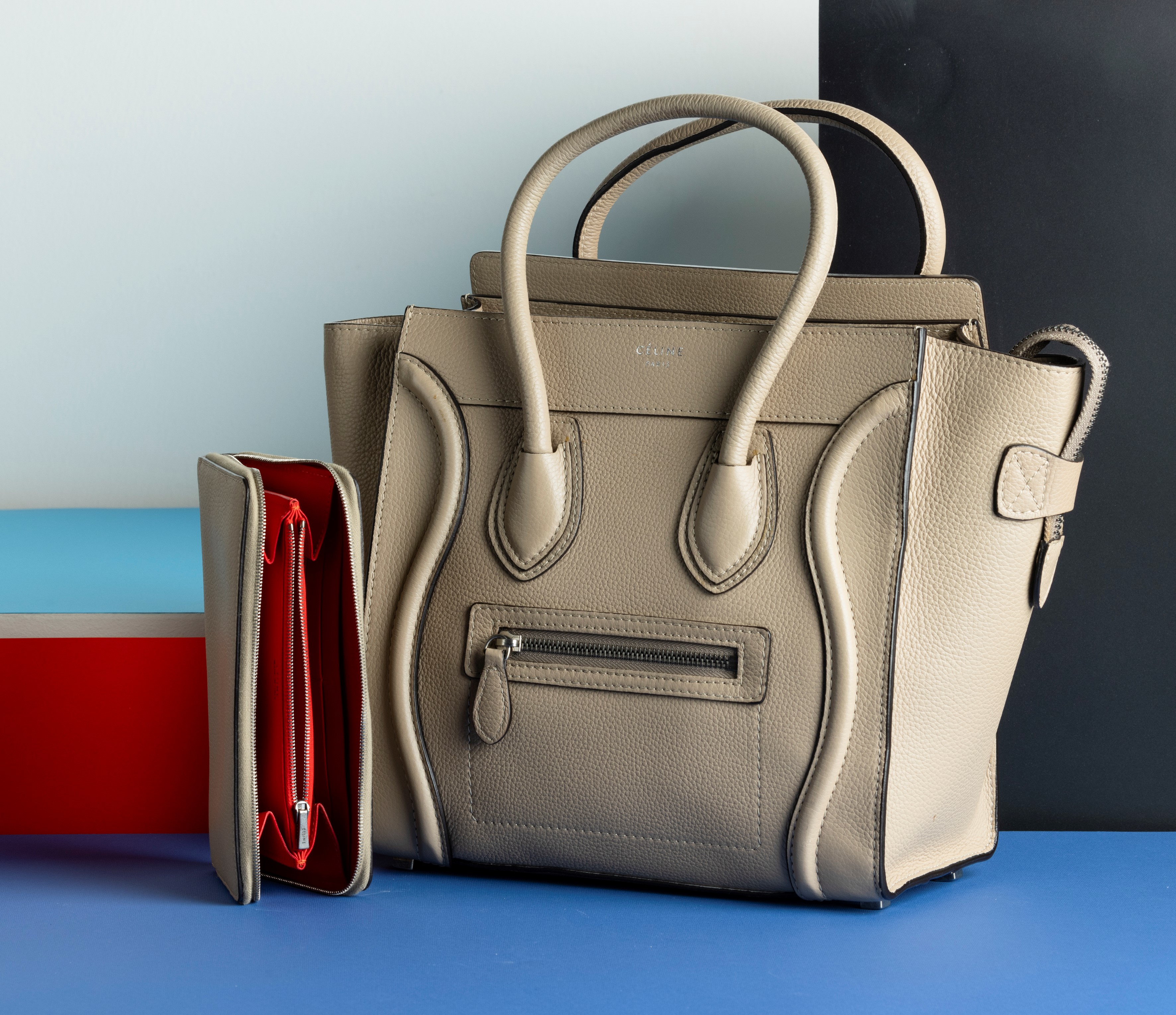 Celine Borsa in Pelle Beige/grigia con Portafogli Abbinato, Difetti, in Buone Condizioni, Dustbag