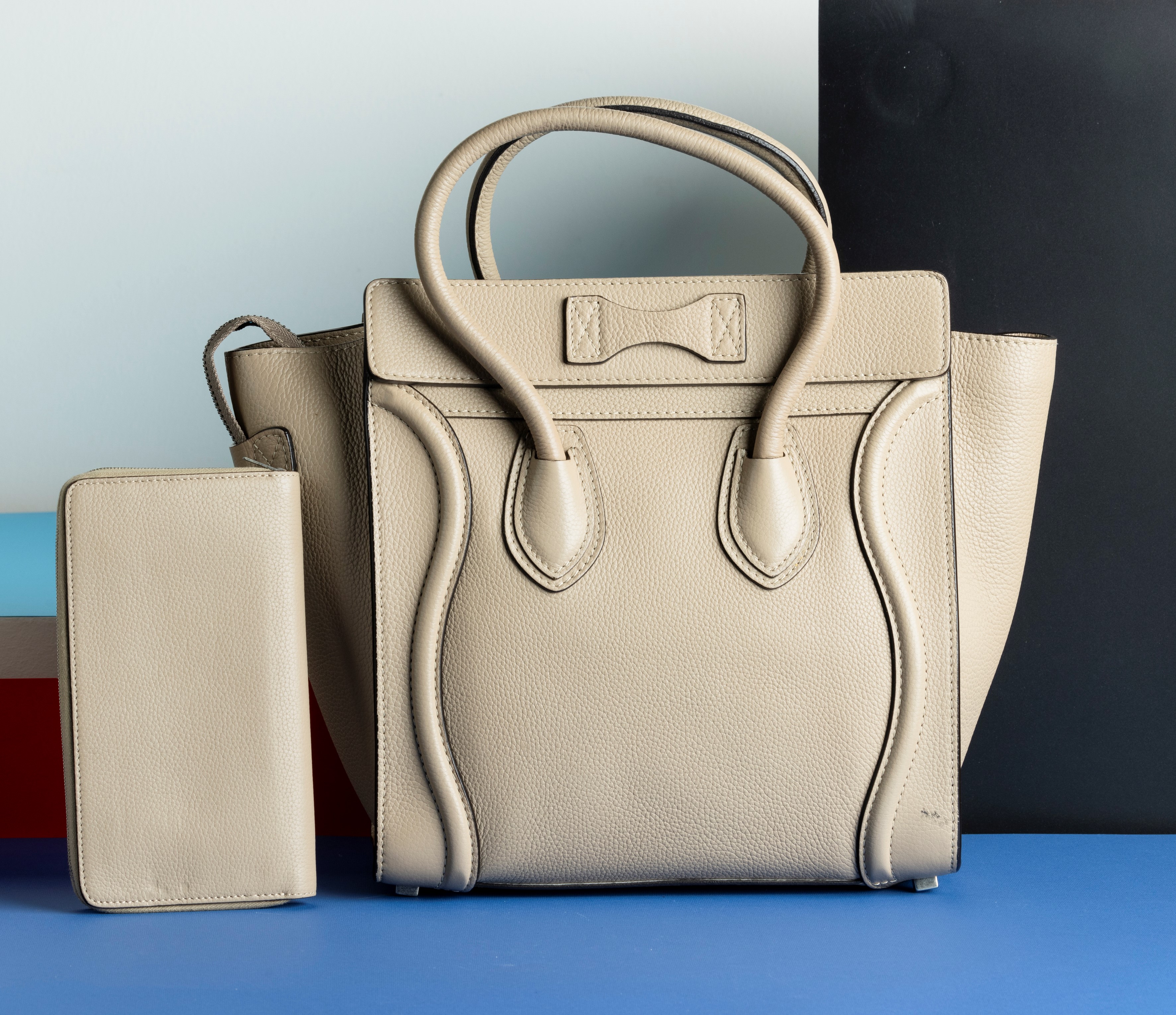 Celine Borsa in Pelle Beige/grigia con Portafogli Abbinato, Difetti, in Buone Condizioni, Dustbag