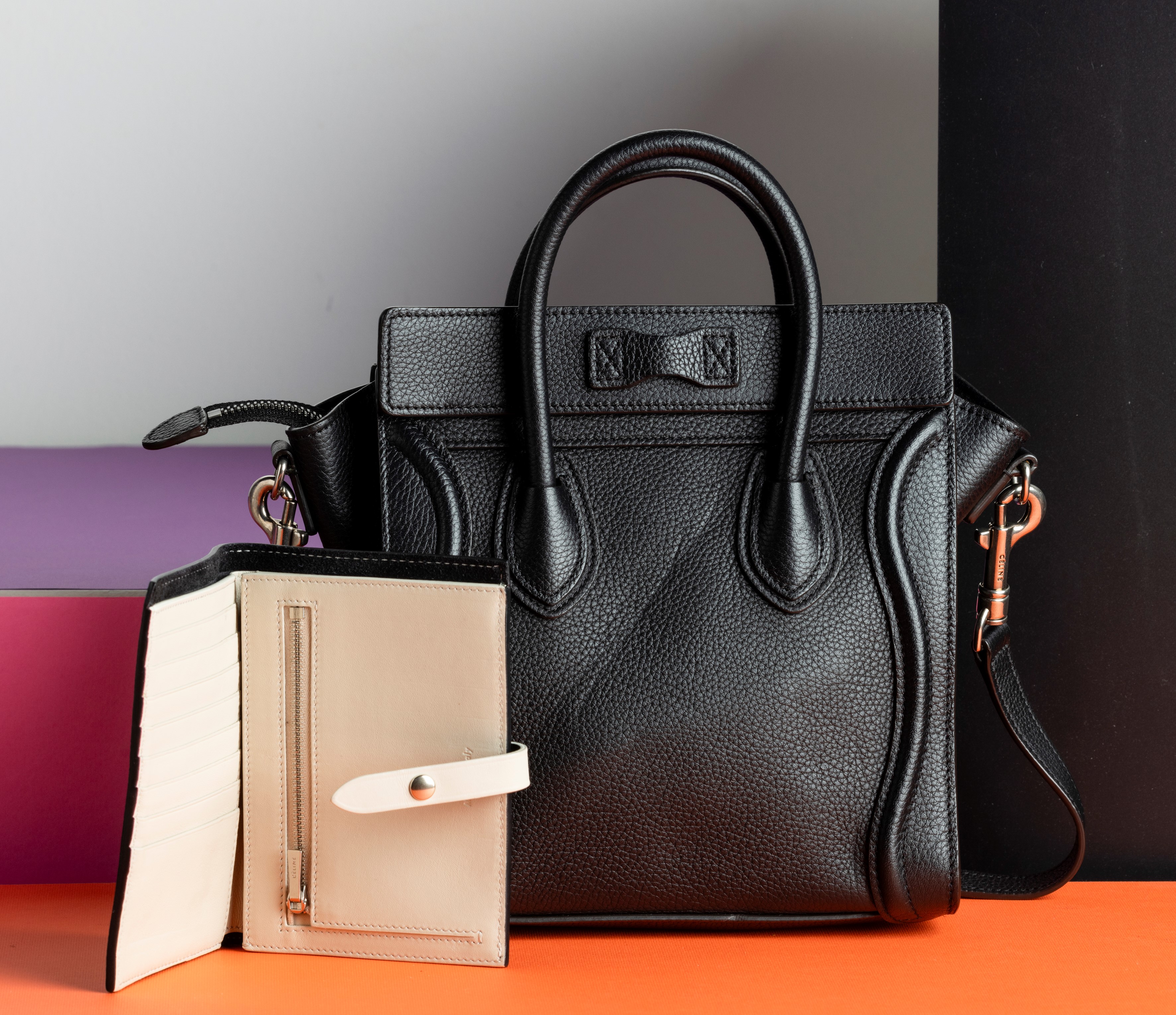 Celine Borsa in Pelle con Tracolla e Portafogli Abbinato, Difetti, in Buone Condizioni, Dustbag