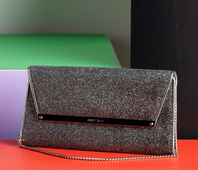 Jimmy Choo Pochette Milla in Tessuto Glitterato, con Catena a Spalla, Difetti, in Ottime Condizio...