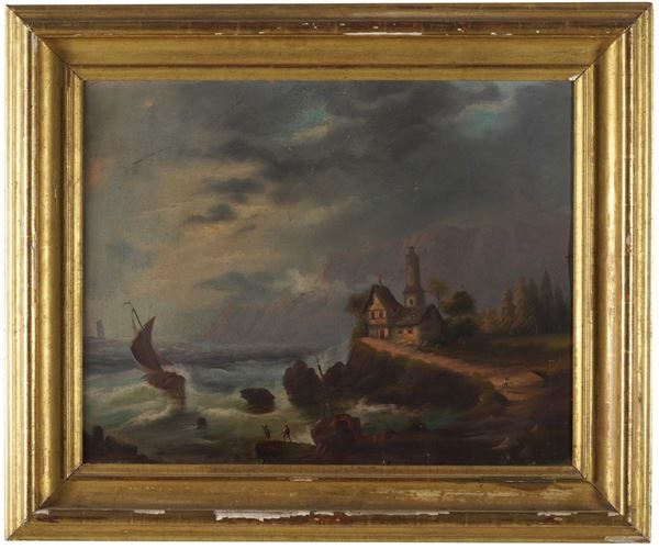 Scuola del XIX secolo Paesaggio costiero con figure