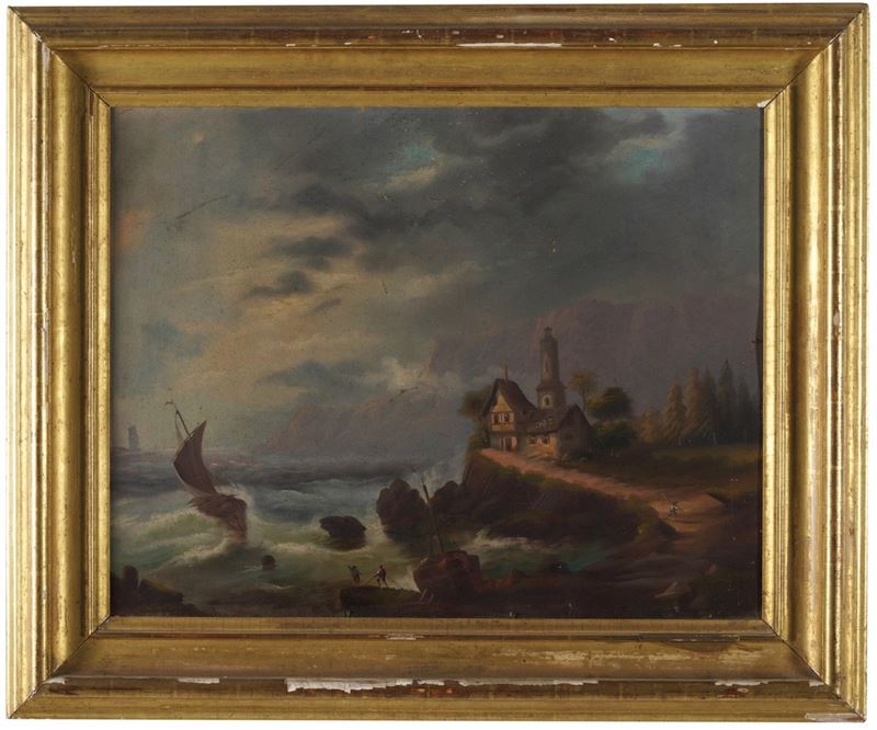 Scuola del XIX secolo Paesaggio costiero con figure  - olio su cartone - Asta Dipinti Antichi - Cambi Casa d'Aste