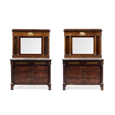 Coppia Comò Impero con Specchiere in Legno Lastronato ed Intarsiato. XIX Secolo