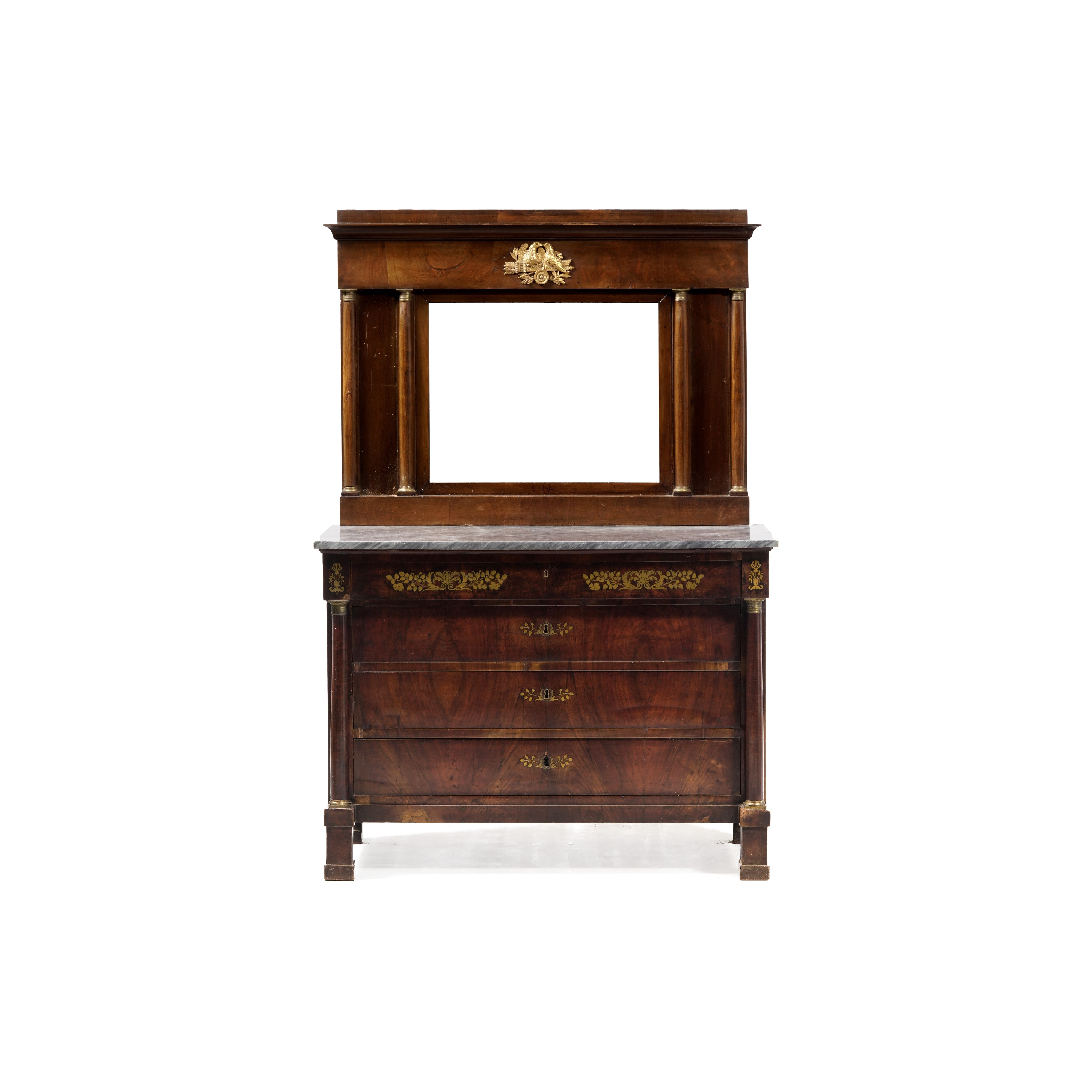 Coppia Comò Impero con Specchiere in Legno Lastronato ed Intarsiato. XIX Secolo