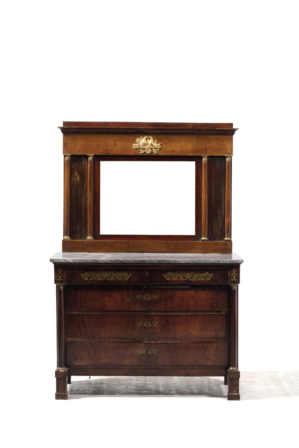 Coppia Comò Impero con Specchiere in Legno Lastronato ed Intarsiato. XIX Secolo