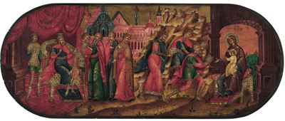 Icona Raffigurante L'arrivo dei Magi a Gerusalemme e L'adorazione dei Magi - la Prefigurazione de...