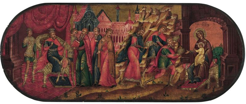Icona raffigurante l'arrivo dei magi a Gerusalemme e l'adorazione dei Magi - La prefigurazione della Chiesa  - Asta Dipinti Antichi - Cambi Casa d'Aste