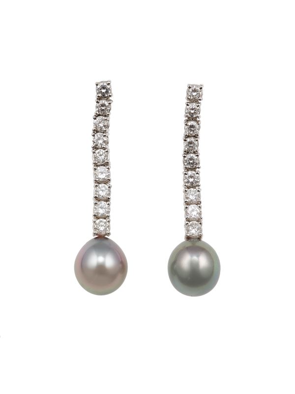 Pair of grey pearl, diamond and gold earrings