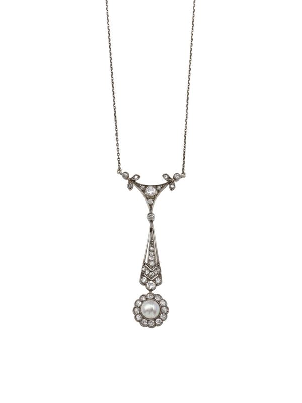Old-cut diamond, pearl, gold and silver pendent necklace. Pearl have not been tested for natural origin