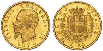 Regno D’italia. Vittorio Emanuele II di Savoia, 1861-1878. 20 Lire 1876. Roma.