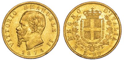 Regno D’italia. Vittorio Emanuele II di Savoia, 1861-1878. 20 Lire 1874. Roma.