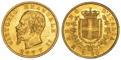 Regno D’italia. Vittorio Emanuele II di Savoia, 1861-1878. 20 Lire 1877. Roma.