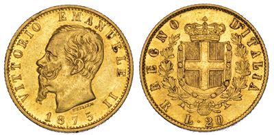 Regno D’italia. Vittorio Emanuele II di Savoia, 1861-1878. 20 Lire 1875. Roma.